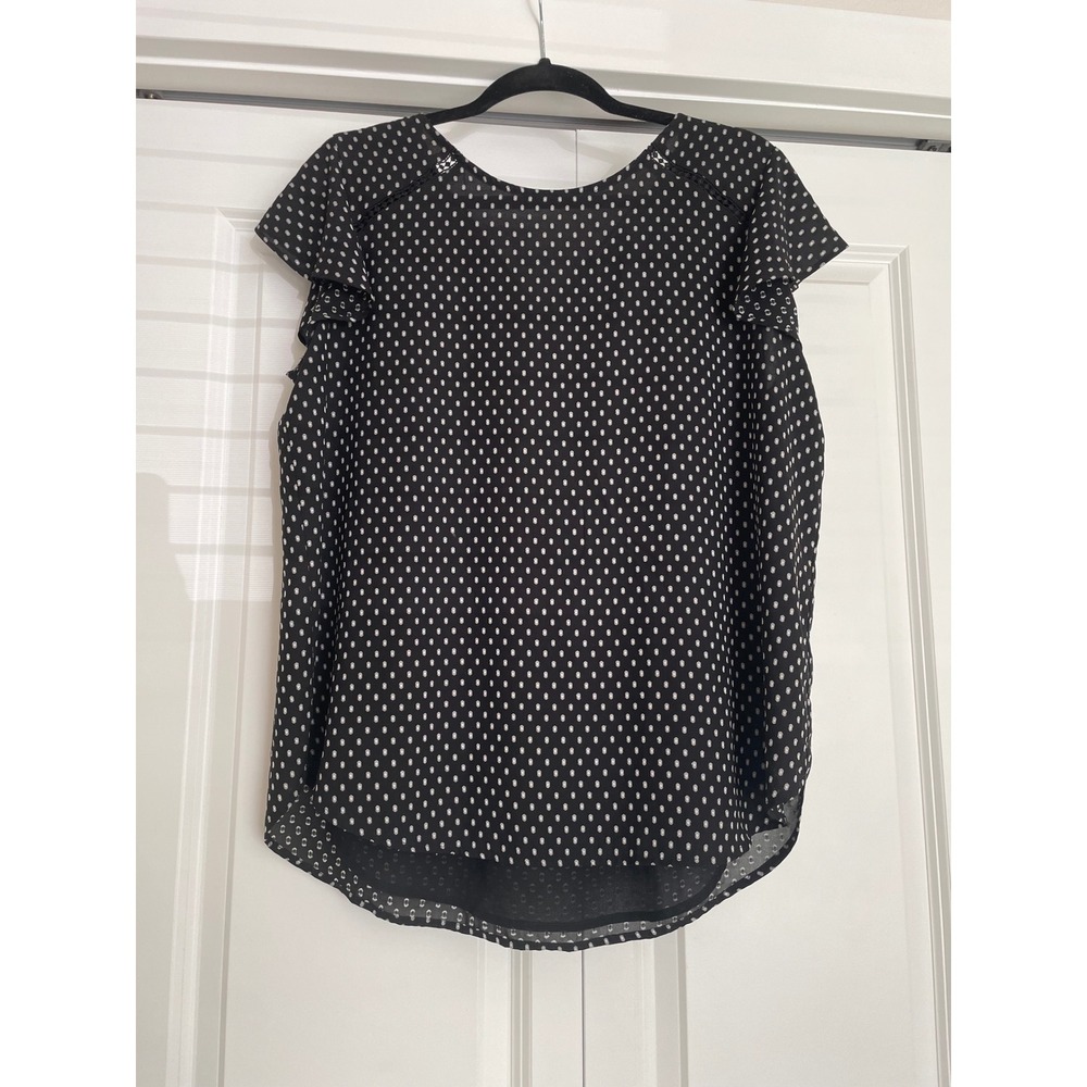 LOFT Blouse Black White Clip Dot Flutter Sleeve Tie Back Work Top Career - Large